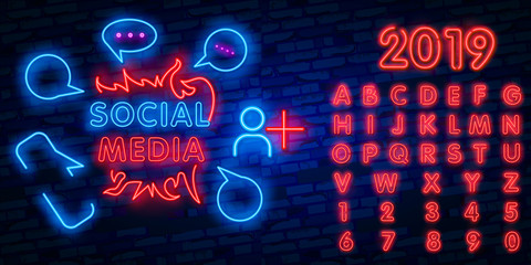 Wall Mural - Social Media neon sign vector design template. Frame neon logo, light banner design element colorful modern design trend, night bright advertising, bright sign. Vector illustration.