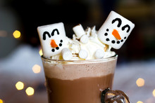 Hot Chocolate With Marshmallows. Fun Food Art With Snowmen For Kids During The Winter Time. Selective Focus
