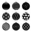 Set of silhouettes christmas balls with different textures. Christmas bauble decorated with black and white patterns. Vector illustration.