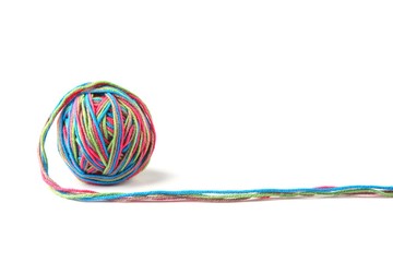 Wall Mural - colorful cotton thread ball and thread line from four color thread isolated on white background. dif