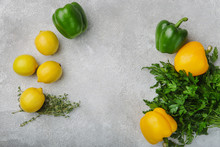 Set Of Fresh Vegetables On Grey Background Top View Place On Text