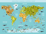 Fototapeta Mapy - Flat world flora and fauna map constructor elements. Animals, birds and sea life isolated big set. Build your own geography infographics collection.