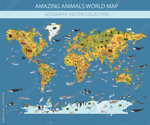 Fototapeta mapa świata dla dzieci  plaskie-elementy-konstruktora-mapy-flory-i-fauny-swiata-zwierzeta-ptaki-i-zycie-morskie-na-bialym-tle