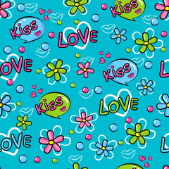 Sticker - Abstract seamless sport pattern for girl and boy. Creative colorful sport wallpaper with Pop art comics speech bubbles, clouds,words. Grunge urban background for textile, fashion, sport clothes.