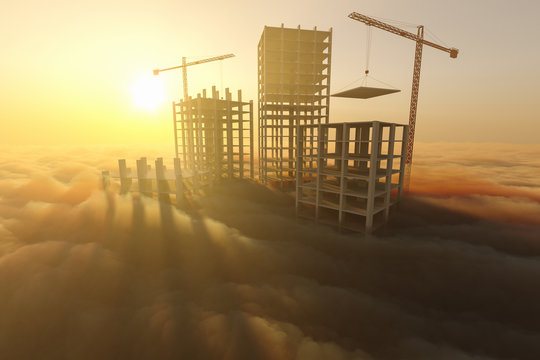 Skyscrapers under construction above the clouds
