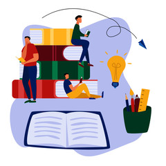 Wall Mural - Education flat background with big books, people, open notepad and supplies. People read book. Vector illustration.