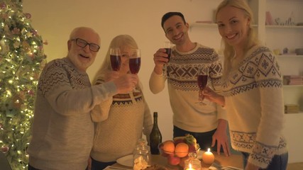 Poster - The happy family drinking wine near the christmas tree