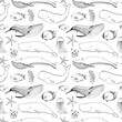 Seamless pattern with whales, orcs and other fishes.