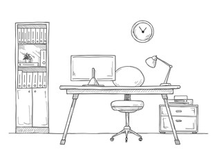 Fototapete - Sketch the room. Office chair, desk, various objects on the table. Sketch workspace.