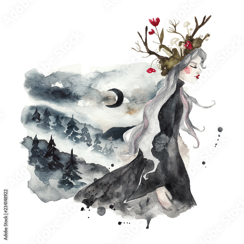 lesna-nimfa-i-lesny-krajobraz-gory-drzewa-mgla-i-ksiezyc-zimowy-magiczny-krajobraz-akwarela-ilustracja-na-bialym-tle