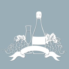 Wall Mural - Template for laser cutting, plotter, and silkscreen printing. Vine. Grape. A bottle of champagne and a glass.