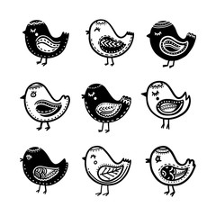 Wall Mural - hand drawn cartoon birds in scandinavian style. vector illustration.