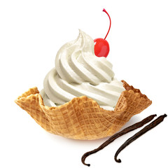 Vanilla frozen yogurt or soft ice cream with maraschino cherry and wafer stick  in wafer bowl isolated on white background with maraschino cherry and vanilla pods