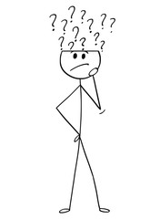 Wall Mural - Cartoon stick drawing conceptual illustration of man or businessman thinking and asking yourself. Question marks are coming from his head.