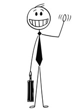 Cartoon stick man drawing conceptual illustration of cheerful, optimistic and smiling businessman waving his hand.