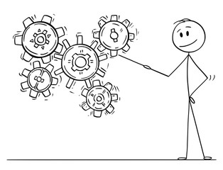 Sticker - Cartoon stick drawing conceptual illustration of man or businessman pointing with pointer at working cogwheels or cog or gear wheels mechanism. Business concept of know-how and solution.