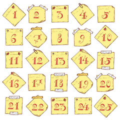 Canvas Print - Christmas advent calendar. Yellow Sticky notes with numbers. Hand drawn doodle paper sheets Vector set. Collection of memos blank. Days in December