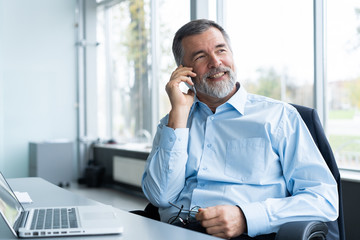 executive senior businessman using his mobile phone and talking wih somebody while working laptop in