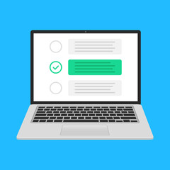 Poster - Laptop and checklist. Notebook with checkboxes and green check mark. Online survey, check list, form concepts. Flat design. Vector illustration