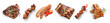 Set with delicious meat on white background, top view. Barbecue recipes