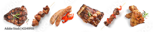 Fotografía Set with delicious meat on white background, top view