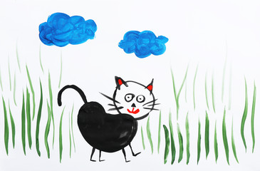 Canvas Print - Colorful children painting of black cat on white background