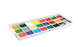 Fototapeta  - Plastic watercolor palette on white background. Painting equipment for children