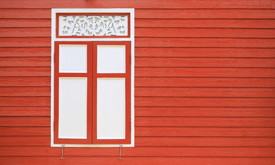 Canvas Print - Retro style wall wood plank house with windows.