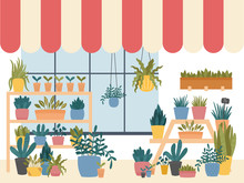 Flower Shop Interior With Various Indoor Plants In Pots, Planters And Boxes,standing On Shelves And Stands, With Window Striped Shed.Cute Scandinavian Hygge Style.Vector Illustration, Dark Background
