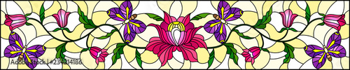 Dekoracja na wymiar  ilustracja-w-stylu-witrazu-z-abstrakcyjnym-kreconym-rozowym-kwiatem-i-fioletowym-motylem