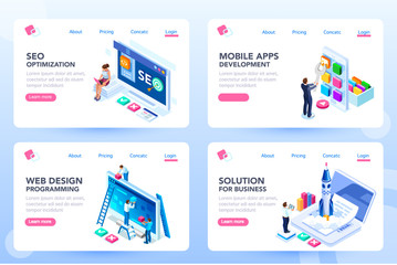 app for business solutions. modern login on social menu homepage. set of landing responsive ui for e