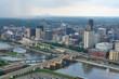 Downtown Minneapolis riverfront area from the air on a stormy day