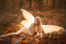 Slim Girl Became A Fairy, A Model With Blond Long Hair And Golden Wreath On Leaves In The Forest In A Beige Long Dress With Bare Legs, Has Glowing Wings Behind Her Back, Atmospheric Autumn Art Photo