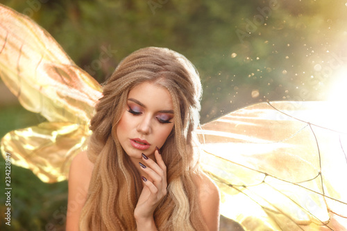 gorgeous young enchantress with transparent wings and blond hair with beautiful Poster Mural XXL