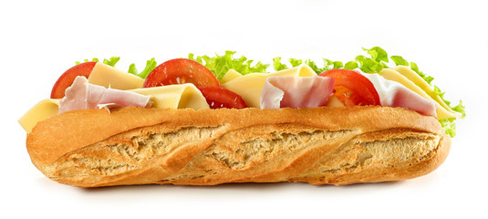 Wall Mural - Baguette sandwich isolated on white background