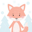 Fox baby winter print. Cute animal in snowy forest christmas card.
