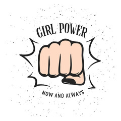 Wall Mural - Girl power quote with fist. Vector illustration.