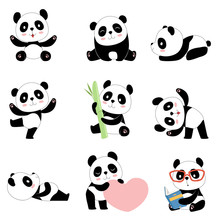 Cute Panda Characters. Chinese Bear Newborn Happy Pandas Toy Vector Mascot Design Isolated. Illustration Of Panda Toy, Bear Animal Black White