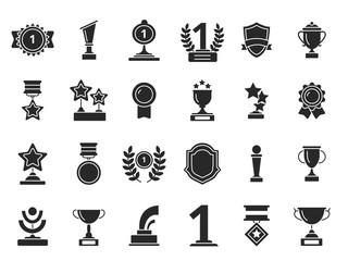 Canvas Print - Winners trophies icons. Cups awards medals with ribbons vector black silhouettes isolated. Illustration of cup and prize, victory championship