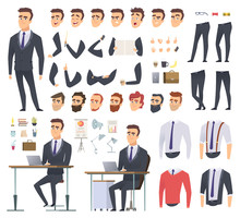 Manager Creation Kit. Businessman Office Person Arms Hands Clothes And Items Vector Male Character Animation Project. Illustration Of Business Man Creation, Body And Emotion Construction