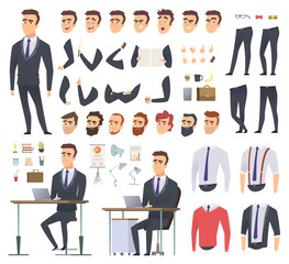 Sticker - Manager creation kit. Businessman office person arms hands clothes and items vector male character animation project. Illustration of business man creation, body and emotion construction