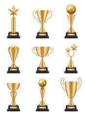 Poster - Golden cup realistic. 3d sport competition winning trophies medals vector illustrations isolated. Cup and prize, sport award and reward