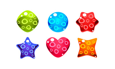 Poster - Colorful jelly glossy figures woth bubbles of different shapes for game or web design interface vector Illustration