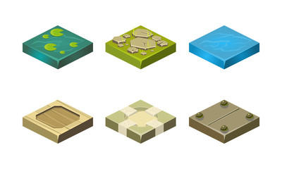 Poster - Platforms of different ground textures set, user interface assets for mobile app or video game vector Illustration on a white background