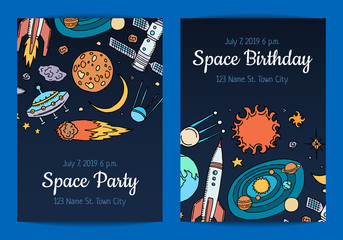 Wall Mural - vector invitation for birthday party with hand drawn space elements illustration. card with galaxy s