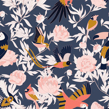 Seamless Pattern With Peonies And Parrots Weaving Together. Bright Tropical Pattern, Flowering Peonies, And Birds. On Dark.