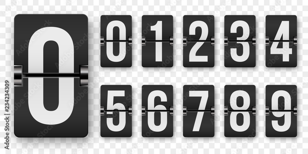 Countdown numbers flip counter vector isolated set. Retro style flip clock or scoreboard mechanical numbers 1 to 0 set white on black - obrazy, fototapety, plakaty 
