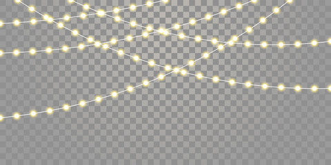 Wall Mural - Christmas lights vector isolated strings. Holiday celebration Xmas, birthday or festival lamp lights on transparent background