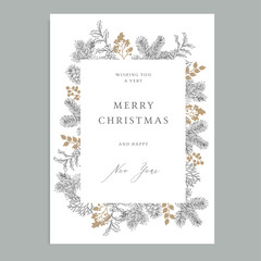 Wall Mural - Merry Christmas, Happy New Year vintage floral greeting card, invitation. Holiday frame with evergreen fir tree branches, pine cones and holly berries. Elegant engraving illustration, winter design.