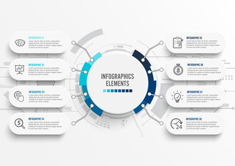 Poster - Vector infographic template with 3D paper label, integrated circles. Business concept with 8 options. For content, diagram, flowchart, steps, parts, timeline infographics, workflow, chart.